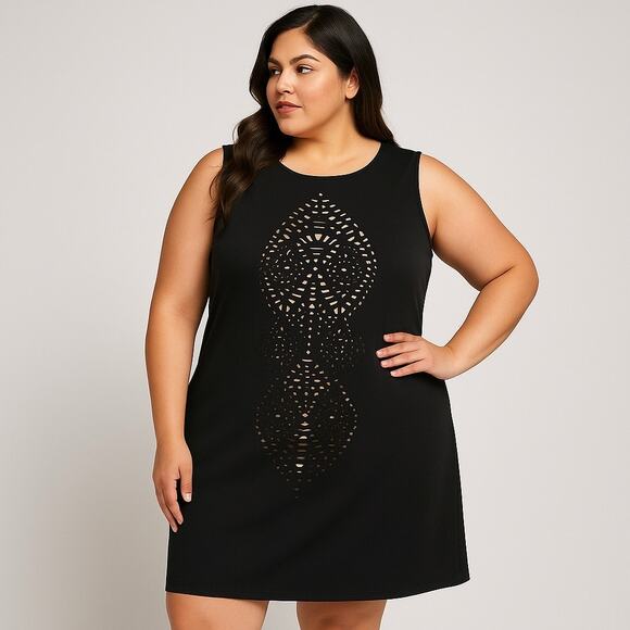 Olivia Matthews Black Nude Lazor Cutout Dress 3X – Plus Size Sleeveless Sheath - Picture 1 of 4